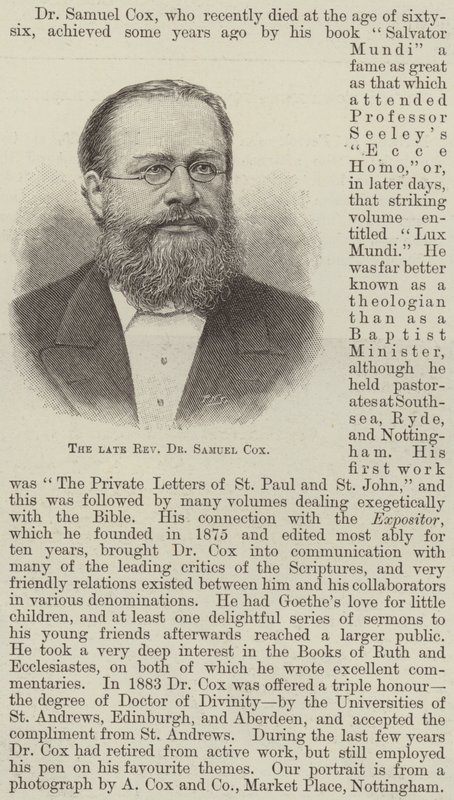 Den avlidne pastor Dr Samuel Cox (gravyr) av English School