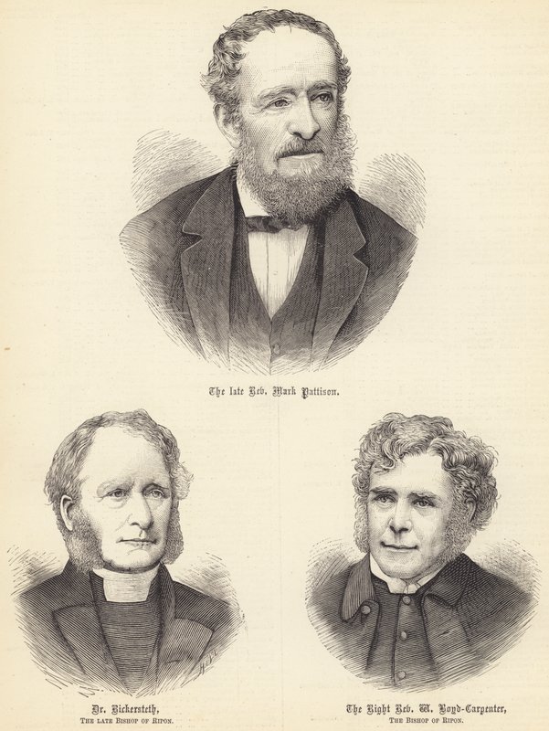 Den framlidne pastor Mark Pattison, dr Rickersteth, framlidne biskop av Ripon, höger pastor … (gravyr) av English School