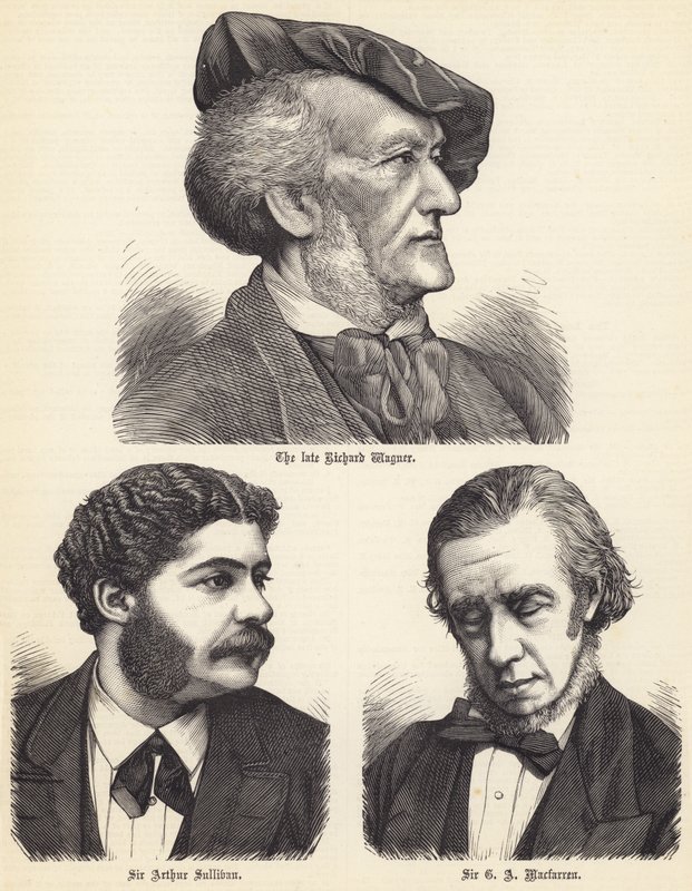 Den bortgångne Richard Wagner, Sir Arthur Sullivan, Sir GA Macfarren (gravyr) av English School