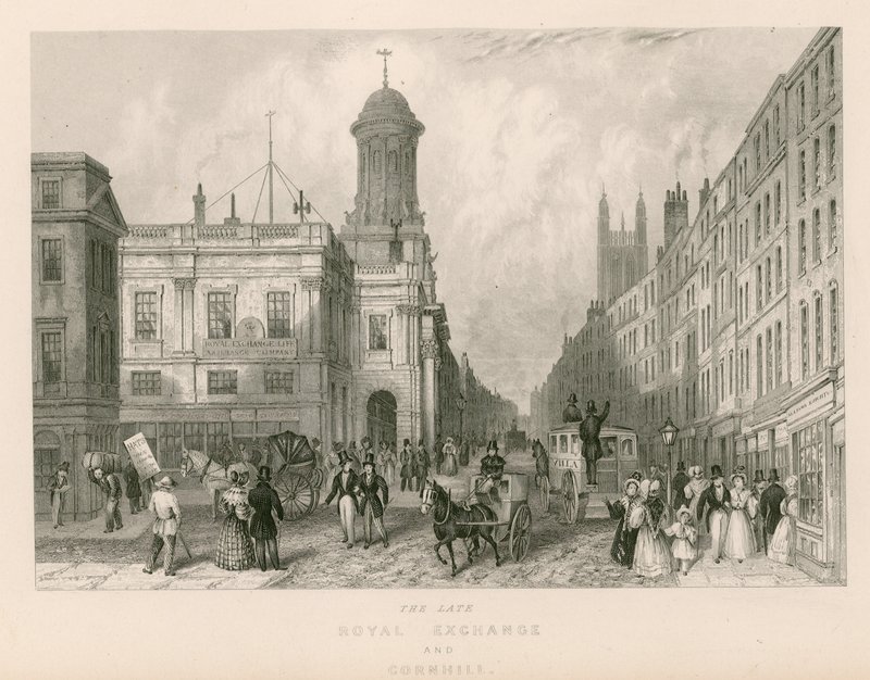 Den sena Royal Exchange och Cornhill, London av English School