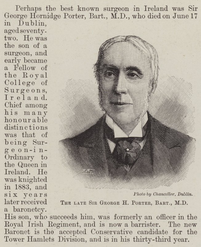 Den framlidne Sir George H Porter, Baronet, MD (gravyr) av English School