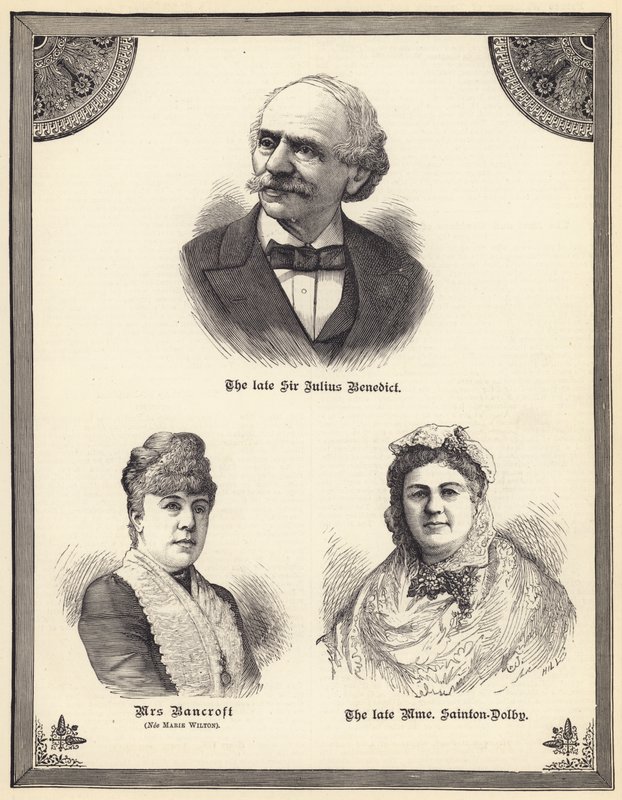 Den framlidne Sir Julius Benedict, Mrs Bancroft (född Marie Wilton), den framlidne Madame Sainton Dolby (gravyr) av English School