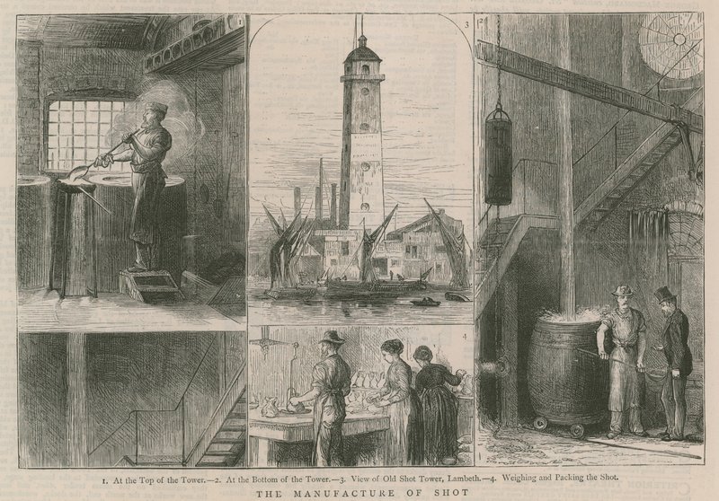 Tillverkning av hagel; utsikt över Old Shot Tower, Lambeth av English School