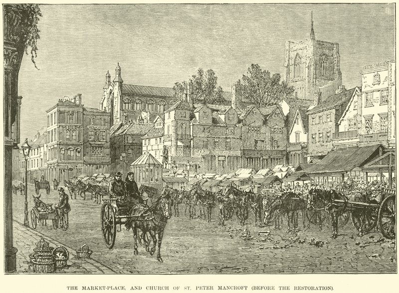 Marknadsplatsen och Church of St Peter Mancroft, före restaureringen av English School