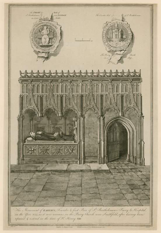 Monumentet av Raherus, grundare och första prior av St Bartholomews Priory and Hospital år 1123 av English School