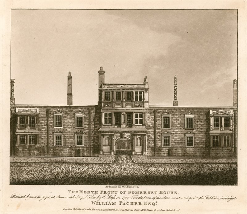 Norra fronten av Somerset House, The Strand, London, baserat på ett tryck ritat av W. Moss 1777 av English School