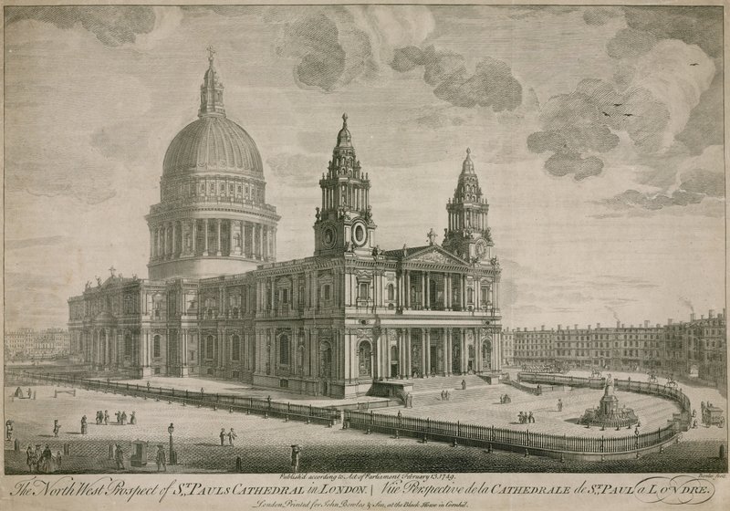 Den nordvästra utsikten av St Pauls Cathedral i London av English School