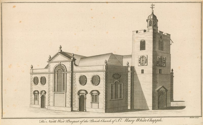 Den nordvästra utsikten av Parish Church of St Mary, Whitechapel, London av English School