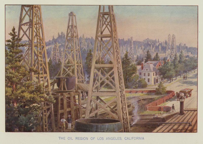 Oljeregionen i Los Angeles, Kalifornien (färg litho) av English School