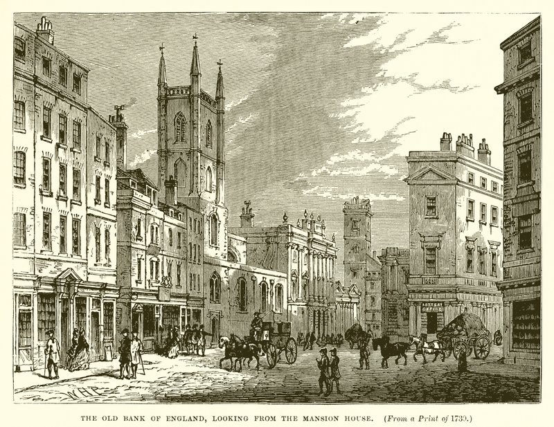Den gamla banken i England, tittar från Mansion House av English School