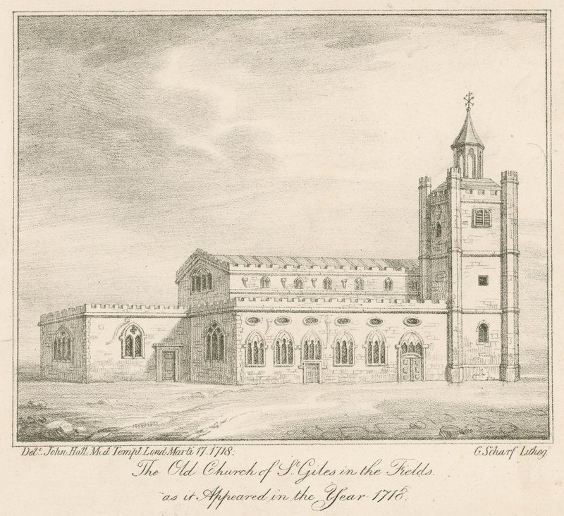 Den gamla kyrkan St Giles in the Fields, London, som den såg ut år 1718 av English School