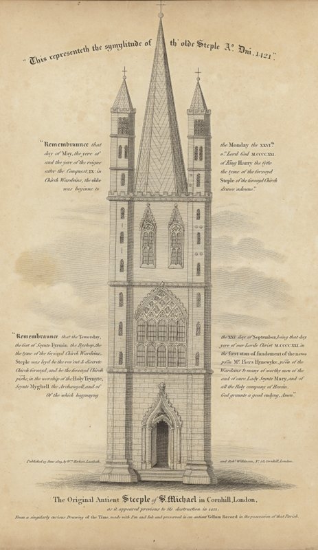 Det ursprungliga forntida torn St Michael i Cornhill av English School