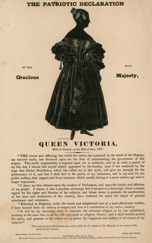 Hennes mest nådiga majestät drottning Victorias patriotiska förklaring, avgiven i fullmäktige den 20 juni 1837 av English School