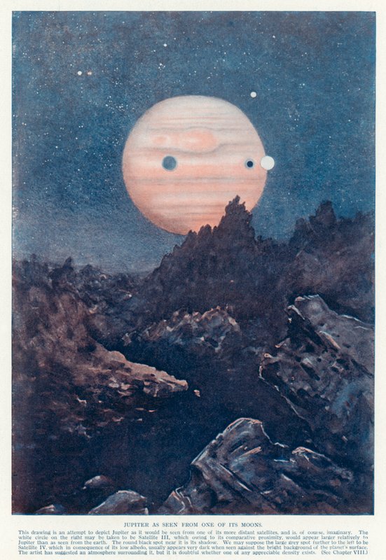Planeten Jupiter sett från en av dess månar (färg litho) av English School