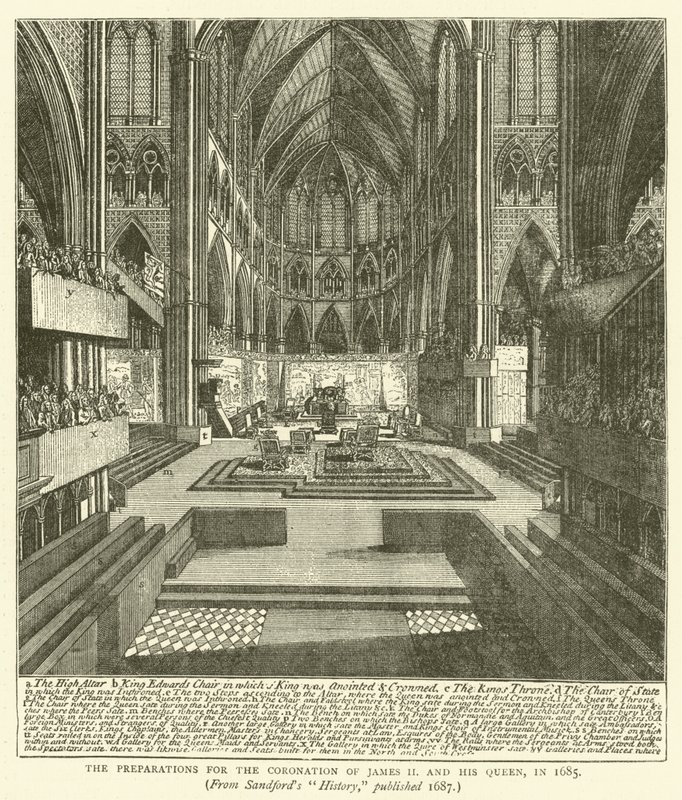 Förberedelserna för kröningen av James II och hans drottning, 1685, från Sandfords "History", publicerad 1687 (gravyr) av English School