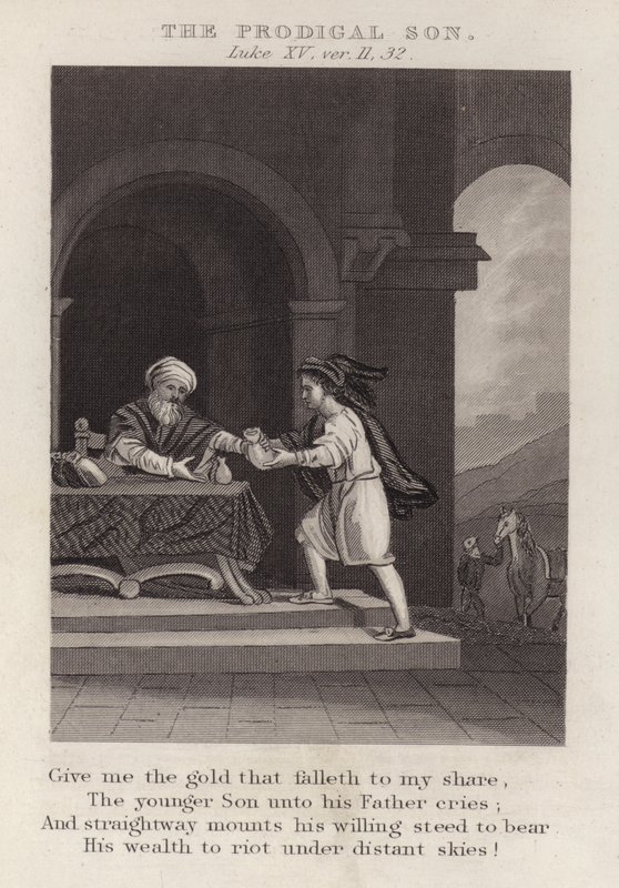 Den förlorade sonen, Lukas XV, ver 11, 32 (gravyr) av English School