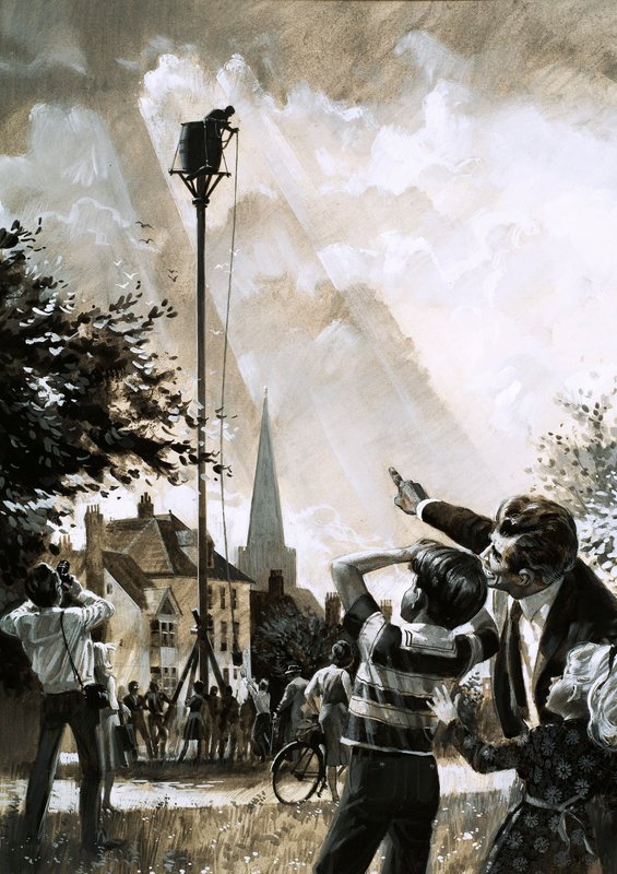 Rekordet för att sitta upp i en stolpe hölls av Jim Dean från Dallas, Texas (gouache på papper) av English School