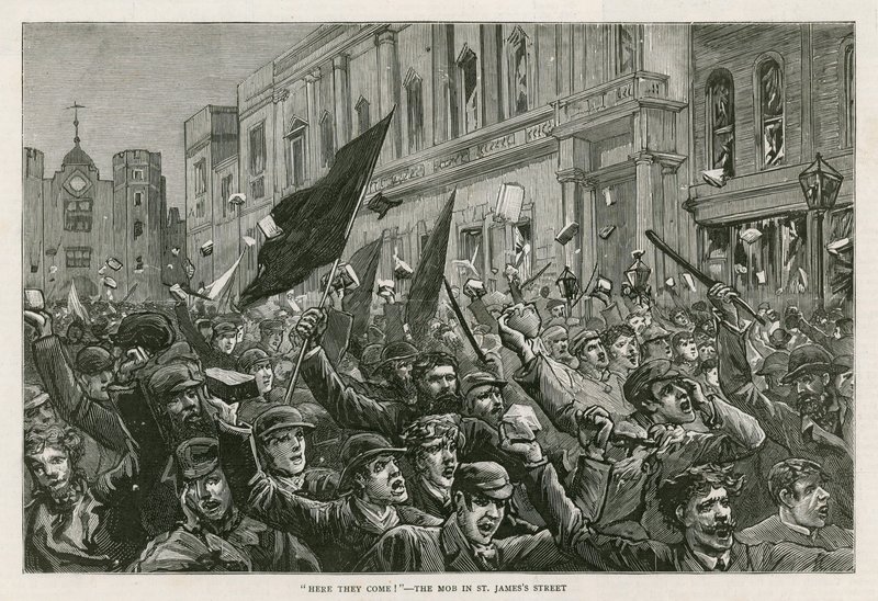 Upploppet i West End i London, 8 februari 1886: Here They Come! - Pöbeln på St Jamess Street, London av English School