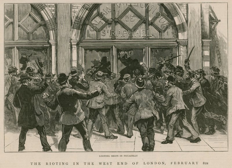 Upploppet i West End i London, 8 februari 1886: Plundrar butiker i Piccadilly av English School