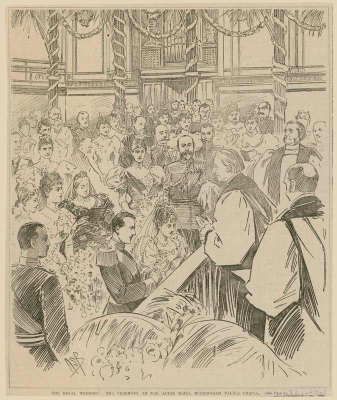 Det kungliga bröllopet, ceremonin vid altarskenorna, Buckingham Palace Chapel, 23 juli 1896 av English School