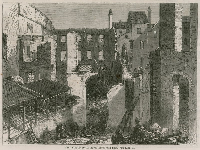 Ruinerna av Savile House, Leicester Square, London, efter branden av English School