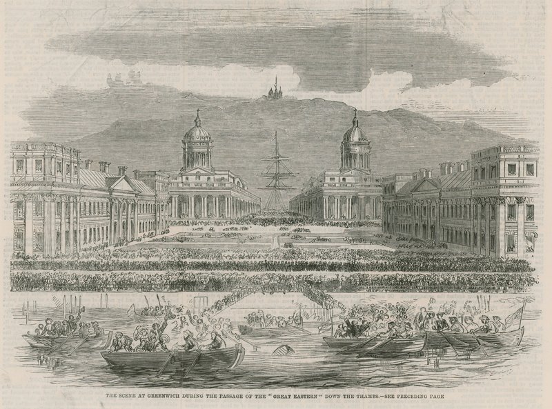 Scenen i Greenwich under passagen av Great Eastern av English School