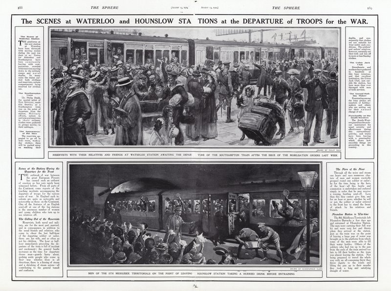 Scenerna vid Waterloo- och Hounslow-stationerna vid truppernas avgång för krig, första världskriget, augusti 1914 av English School