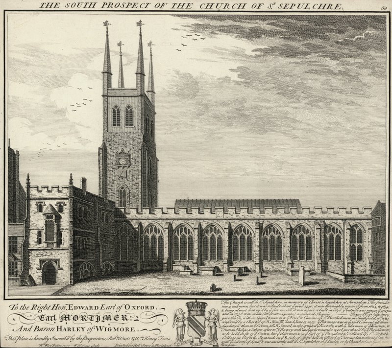 Den södra utsikten av Church of St Sepulcher av English School
