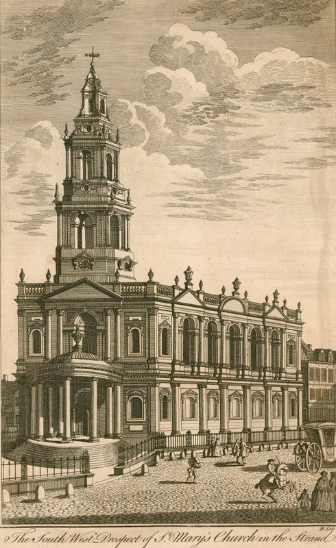 Den sydvästra utsikten av St Marys Church i Strand av English School