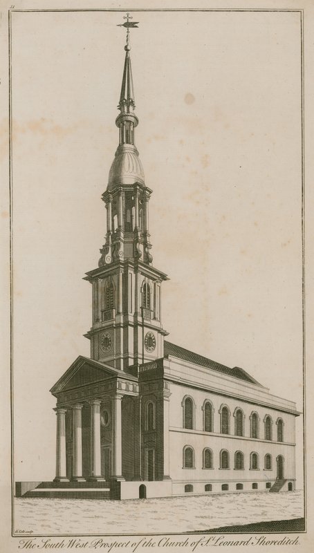 Den sydvästra utsikten av Church of St Leonard, Shoreditch av English School