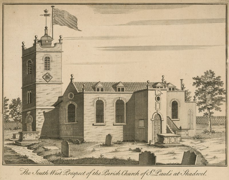 Den sydvästra utsikten av Parish Church of St Pauls i Shadwell, London av English School