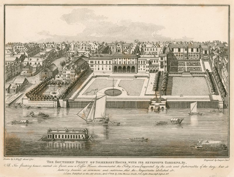 Den södra fronten av Somerset House med dess omfattande trädgårdar av English School