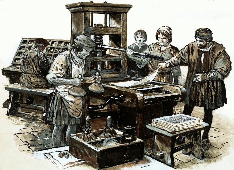 Den tredje tryckpressen i England inrättades i St. Albans 1480 (gouache på papper) av English School