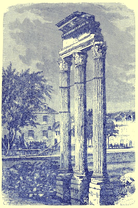 De tre kolumnerna vid Castortemplet, illustration från History of Rome av Victor Duruy, publicerad 1884 (digitalt förbättrad bild) av English School