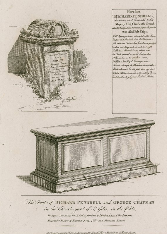 Richard Pendrells och George Chapmans gravar på kyrkogården i St Giles in the Fields, London av English School