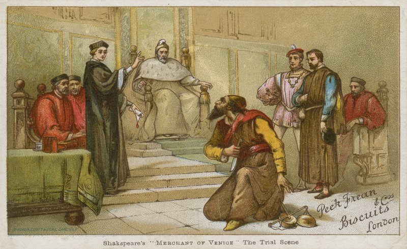 Rättegångsscenen från Shakespeares The Merchant of Venice av English School