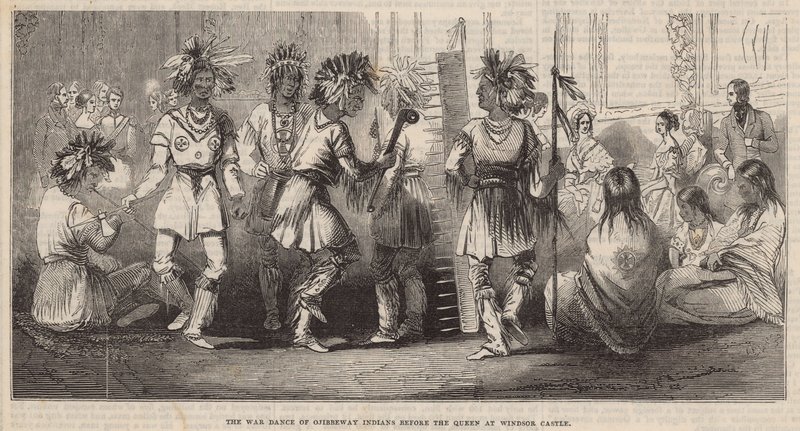 Ojibbeway-indianernas krigsdans inför drottningen på Windsor Castle av English School