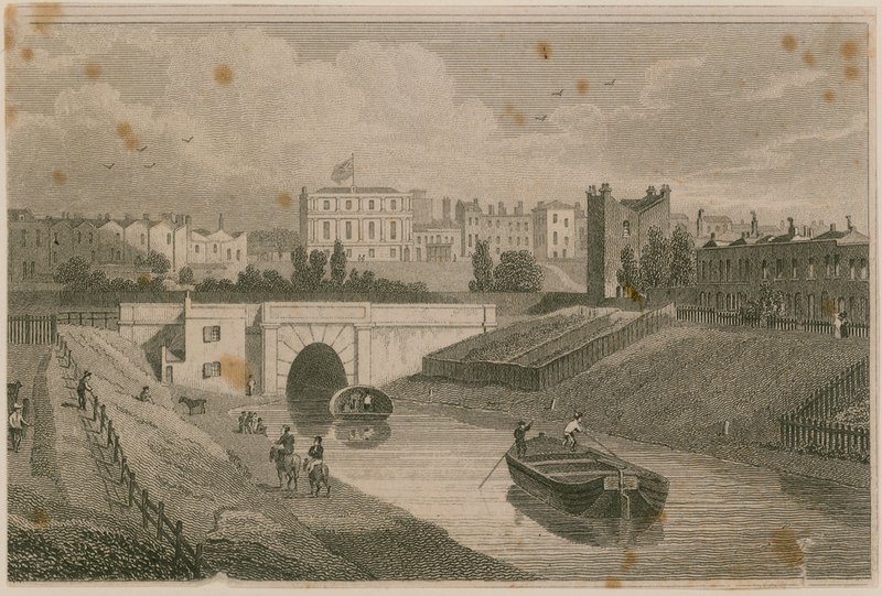 Den västra ingången till Regents Canal Tunnel, Islington, London av English School