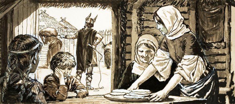 Kvinnorna i Linby bakar platt tårta (gouache på papper) av English School