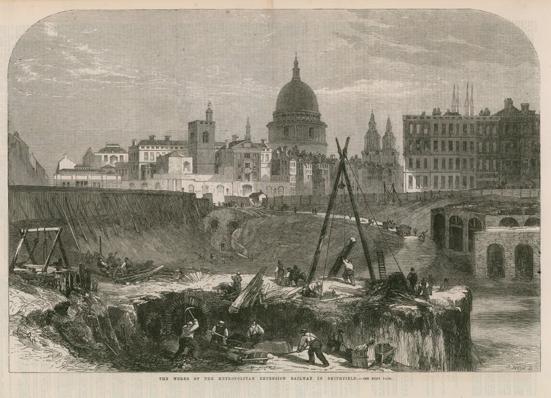 Verken av Metropolitan Extension Railway i Smithfield av English School