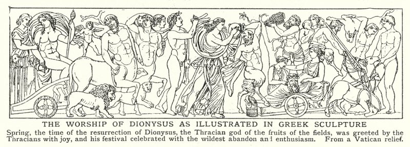 Dyrkandet av Dionysos som illustreras i grekisk skulptur (litho) av English School