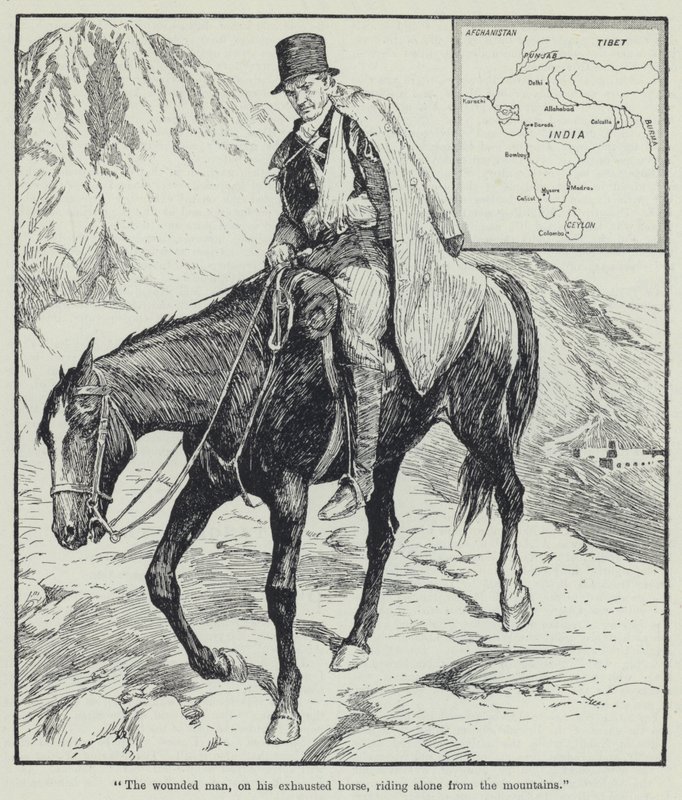 "Den skadade mannen, på sin utmattade häst, rider ensam från bergen" (litho) av English School