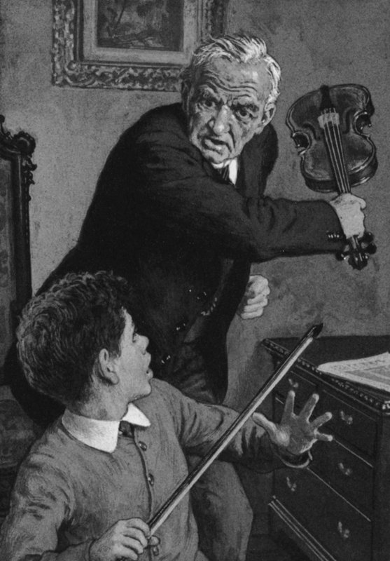 Den unge Sir John Barbirolli, på väg att få en fiol bruten över huvudet av sin farfar (litho) av English School