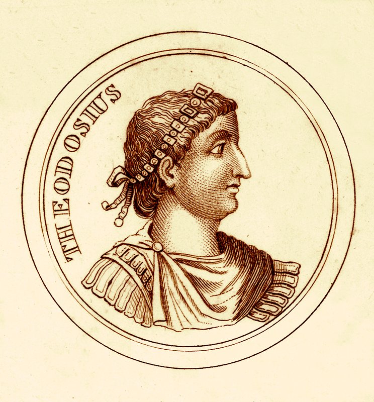 Theodosius, illustration från The Universal Historical Dictionary av George Crabb, publicerad 1825 (digitalt förbättrad bild) av English School
