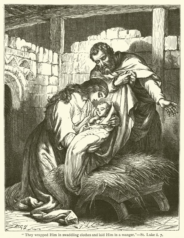 "De lindade in honom i lindade kläder och lade honom i en krubba", St Luke, ii, 7 (gravyr) av English School