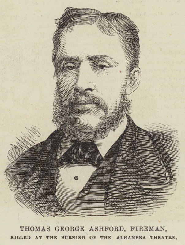 Thomas George Ashford, brandman, dödad vid Burning of the Alhambra Theatre (gravyr) av English School