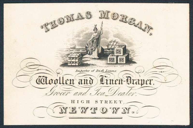 Thomas Morgan, ull- och linnedraperi, livsmedelsaffär och tehandlare, handelskort av English School