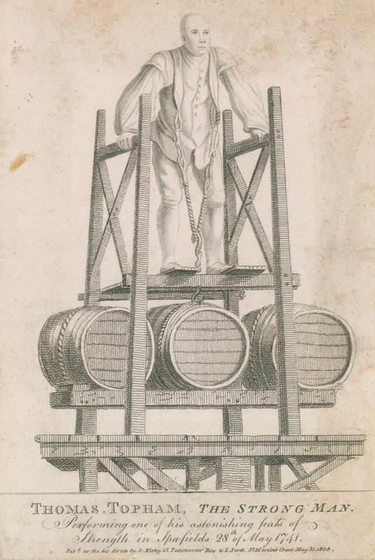 Thomas Topham, den starka mannen, utför en av sina häpnadsväckande styrka i Spitalfields, 28 maj 1741 av English School