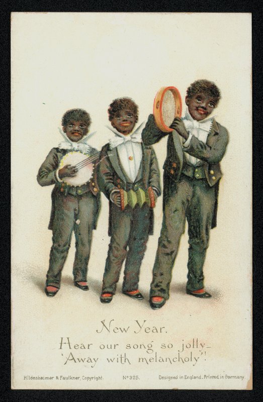 Tre svarta pojkar som spelar musikinstrument, hälsningskort för nyår (chromolitho) av English School