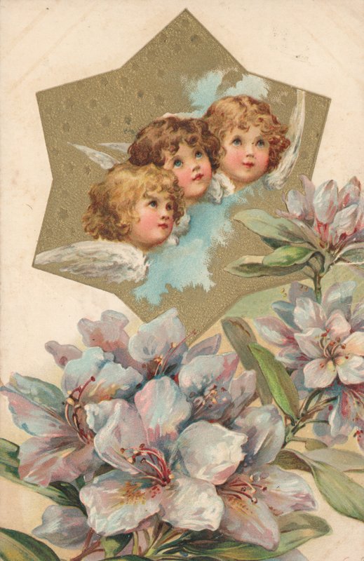 Tre keruber i en bild dekorerad med blommor av English School